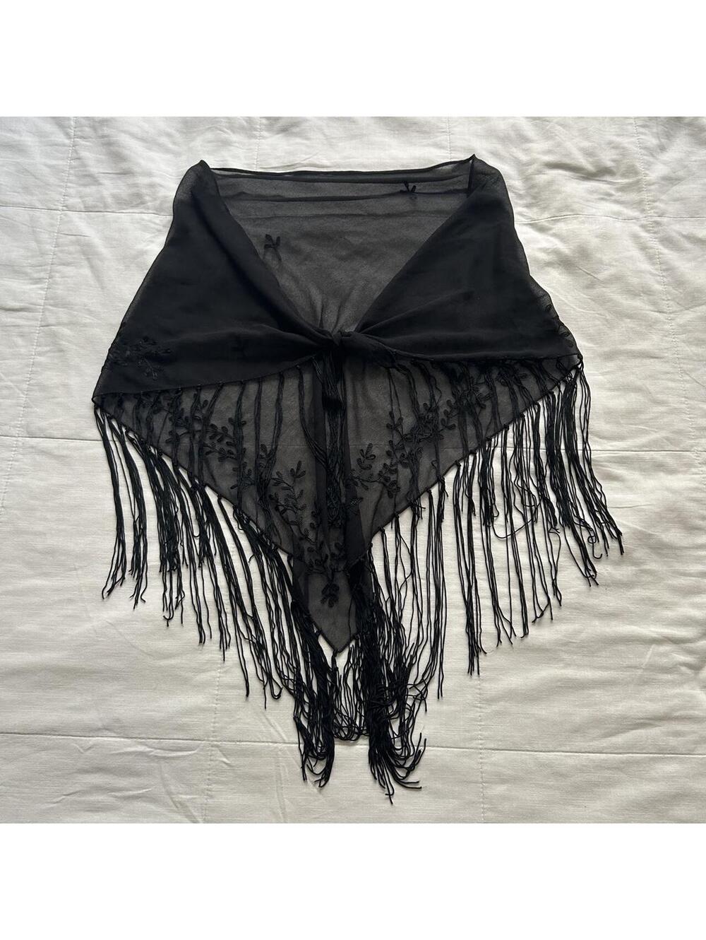 Black Sheer Mesh Floral Embroidered Fringe Triangle Shawl Wrap One Size